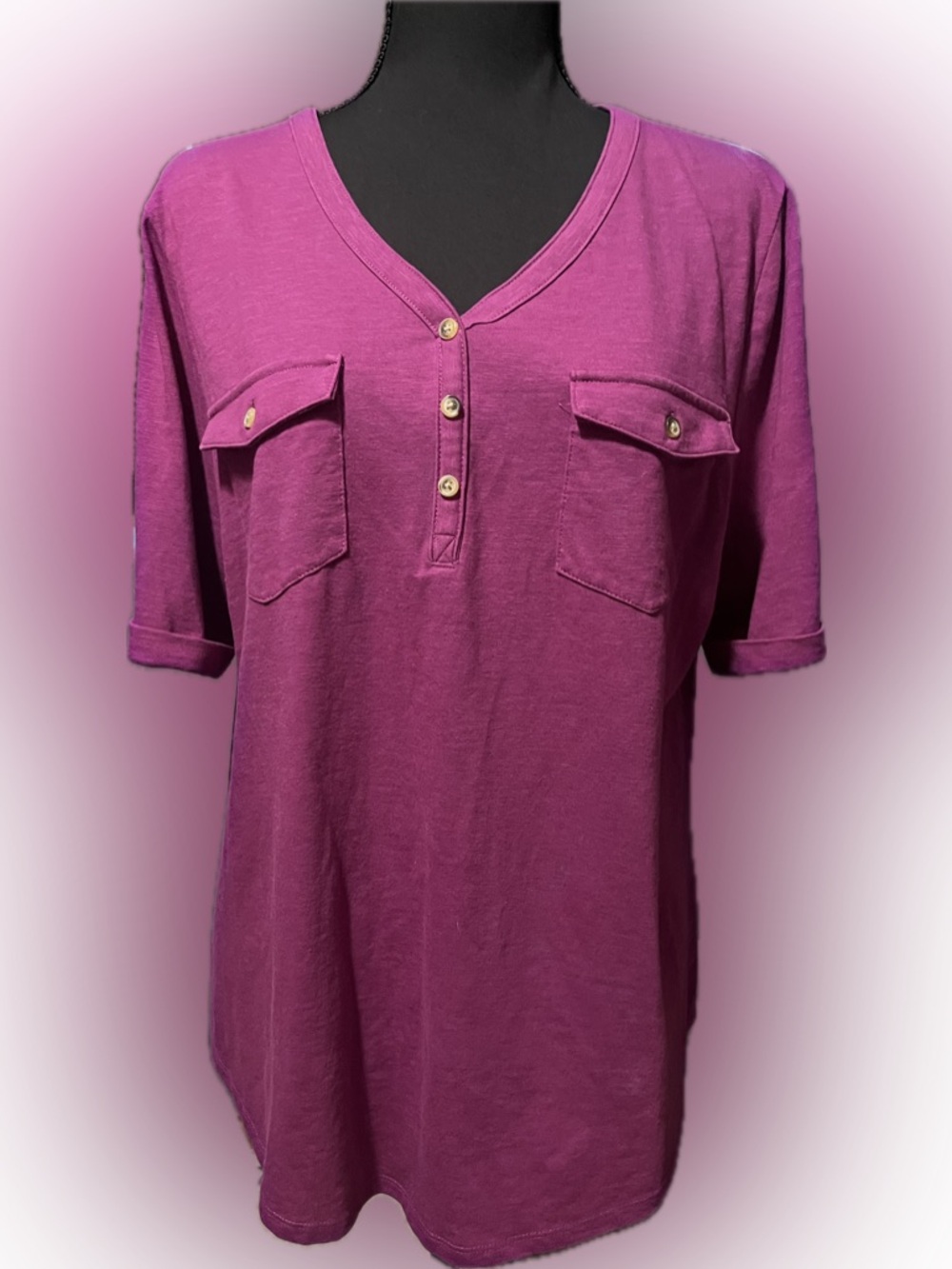 croft & barrow Plum Short-Sleeve V-Neck Henley with Chest Pockets